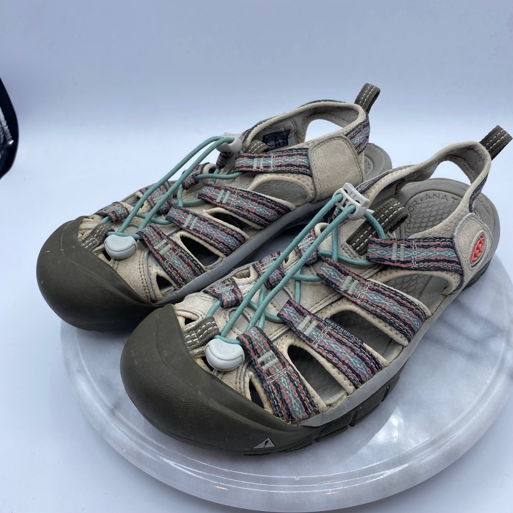 KEEN Women 8.5 Venice H2 Sandals Silver Birch Aqua Haze Waterproof 1022138